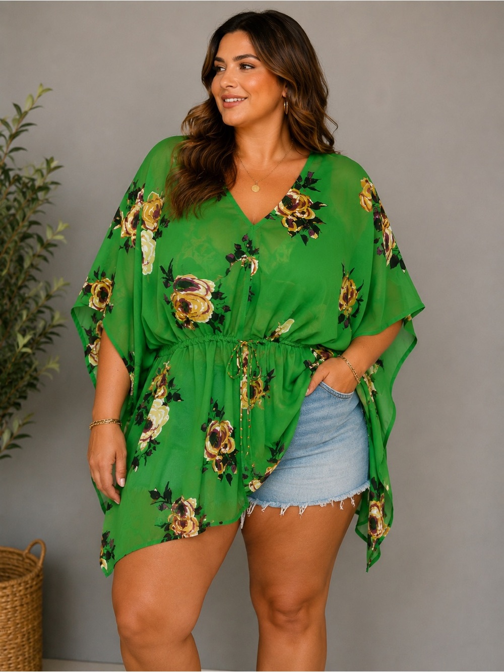 Lane Bryant Sheer Floral Blouse Size 14/16 Green Kimono Sleeve Top | Like New
